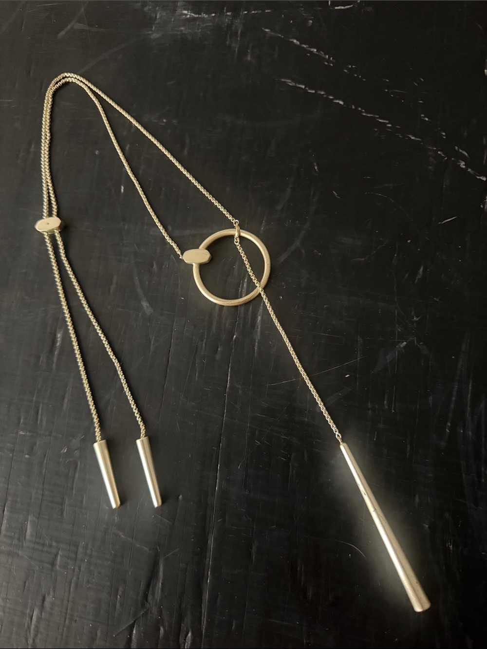 Kendra Scott Gold Lariat Necklace with Ring Slider and Bar Pendants